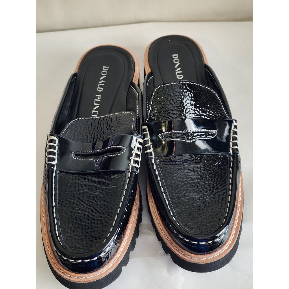 Donald Pliner Phillie Black Patent Leather Penny Loafer Mules Lug Sole 6.5M